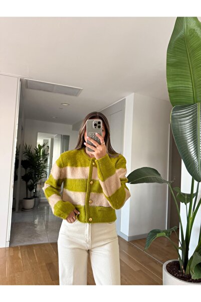 MERVE AKSOY Şardonlu Gold Düğmeli Çizgili Hırka - Yeşil