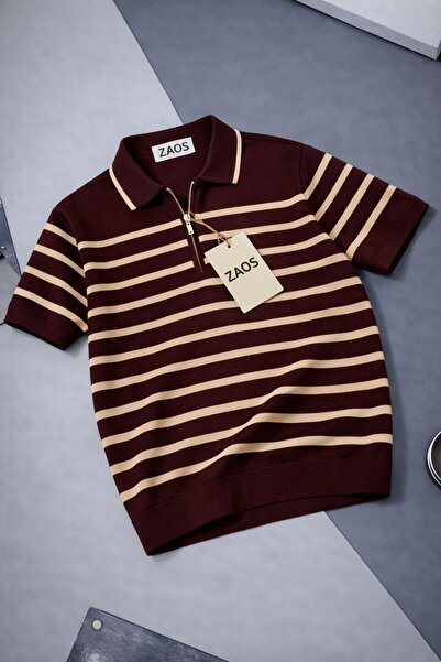 zs zaos fashion Ανδρικό μπλουζάκι με ριγέ φερμουάρ, πολυκάρτερ, βαμβακερό, υψ...