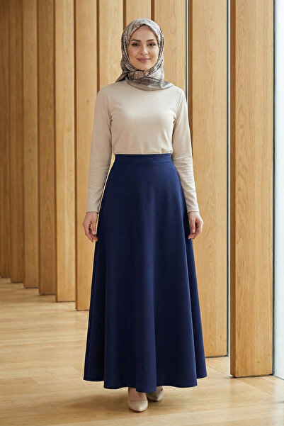 FERHEL Women's Flared Scuba Puff Fabric Relaxed Fit Skirt - Navy Blue