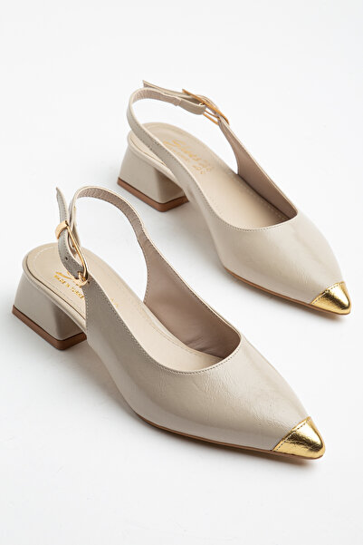 AYENDE MODA Pantofi de damă cu toc gros, cu margine aurie, bej, încrețit, cu ...