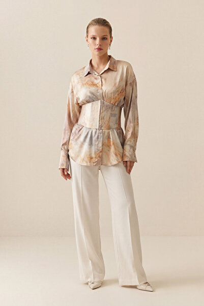 Setre Beige-Lilac Corset Detailed Long Sleeve Patterned Shirt