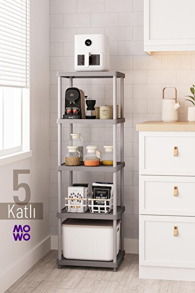 Mowo Home 5 Katlı Gri 40x33 Plastik Mutfak Raf Sistemi, Banyo Rafı, Kiler, Ki...