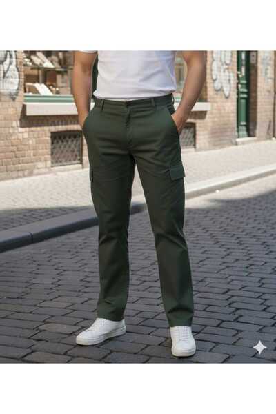 LEFNY COLLECTİON Men's Wide Leg Cargo Pocket Lycra Khaki Baggy Trousers