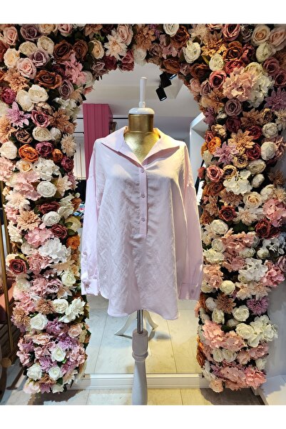 Kayra kadın pudra tunik yarım 3 düğmeli ince beyaz çizgi desenli tunik
