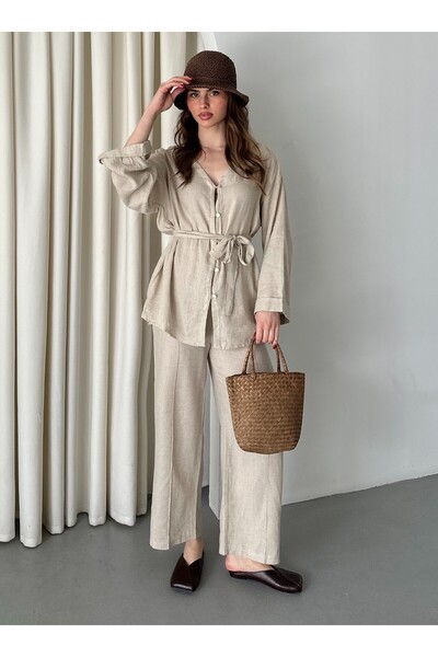 Laluvia Beige Cotton Shirt and Pants Set