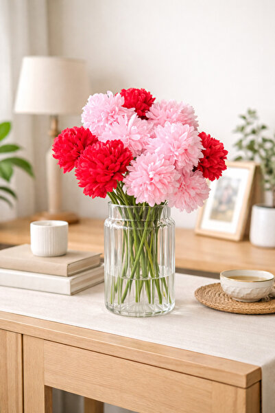 Mottogo 10-Piece Artificial Chrysanthemum Flower Bouquet – Red & Pink Decorat...