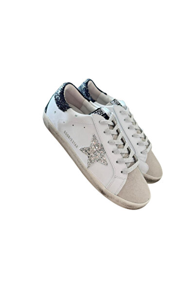 Motif Trend Exclusive Women White Leather Sneaker Silver Glitter Star Vintage...