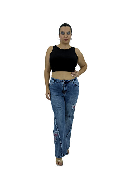 Trieste Plus Size Women's Denim Gathering Stone Embroidered High Waist Pants