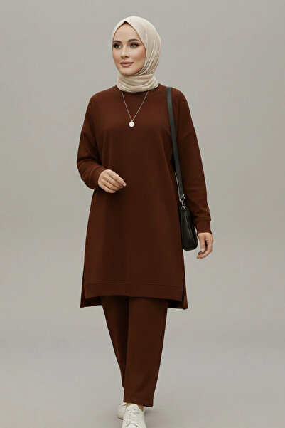 bysoca Women's Brown Crew Neck Oversized Tunic and Pants Two-Piece Set with S...