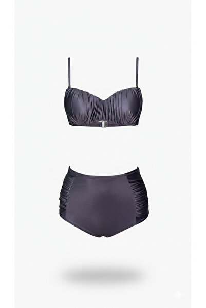 Adel swimwear Yüksek Bel Drapeli Bikini Takımı - Parlak Kumaş