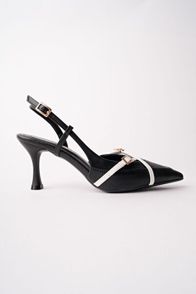 MUGGO İcons Pointed Toe Open Back Belt Detailed Two-Strap Women's Heeled Shoes