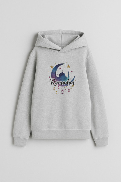 AYDESİGN Auspicious Ramadan Mubarak Ramadan Printed Hooded Gray Sweatshirt
