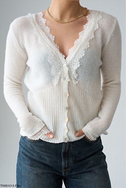 Lupies Kadın Dantel Detaylı Düğmeli Triko Hırka