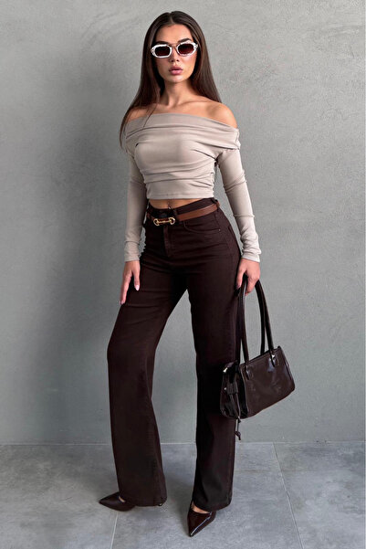 Seeh Pantaloni de damă maro închis cu croială largă SH351