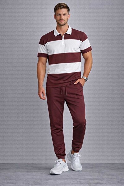 BRLKN طقم رياضي رجالي مخطط كبير الحجم مع سترة نصف سحابية وبنطلون مطاطي عند ال...