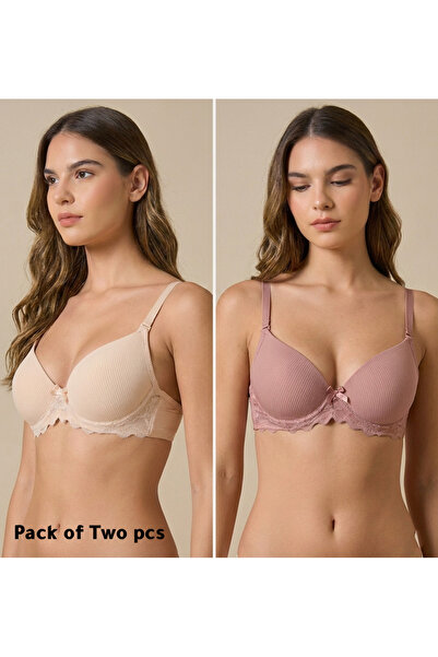 REDTAG Women Assorted Textured T-Shirt Bra Set (Pack of 2)