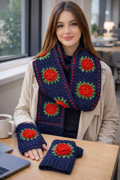 diğerr1 Megahan Navy Blue Red Rose Motif Scarf and Glove Set