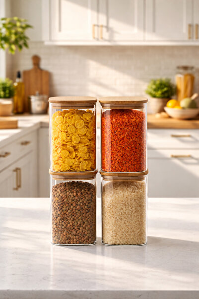 Porsima 4395 Set of 4 Square 1100 ml Bamboo Vacuum Lids Glass Jar Set Storage...