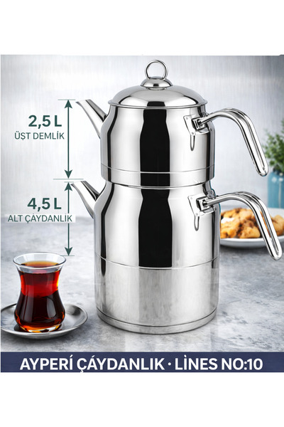 Muhtelif Lines Ayperi L-3040 Mega Boy Teapot No:10 Stainless Steel Large Size...