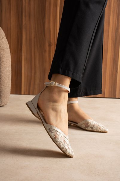 Tibu Ayakkabı Nova Yonca Embroidered Tulle Detailed Ankle-Tie Evening Dress Shoes