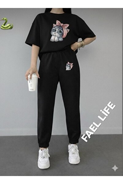 FAEL LİFE Girls'/Boys' Loose Fit T-Shirt and Sweatpants Cat Print Set