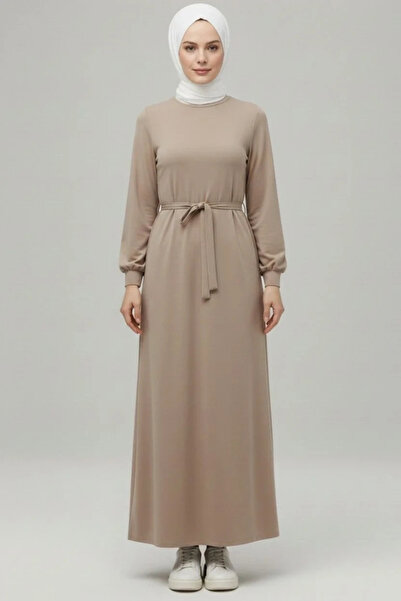 bysoca Women's Beige Crew Neck Balloon Sleeve Belted Draped Modal Long Hijab ...