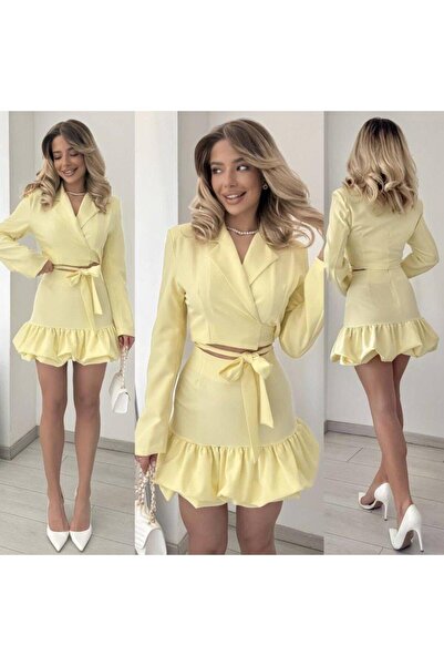 Aymood Women's Cuff Collar Detail, Belly Tie, Jacket and Flared Skirt Set