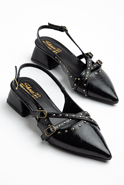halabi moda Women's Black Stone-Embellished Patent Leather Cross-Strapped Low...
