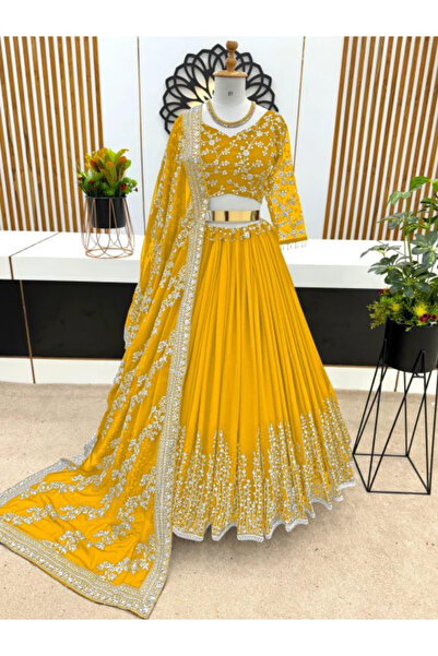 MYSMAR Yellow Slub Satin Silk Lehenga Choli With Dupatta - NJF6472 | Yellow