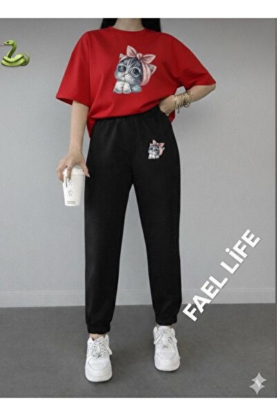 FAEL LİFE Girls'/Boys' Loose Fit T-Shirt and Sweatpants Cat Print Set