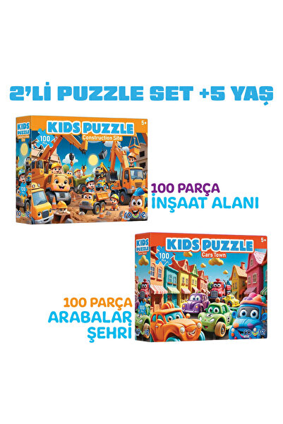 2'li Puzzle Set 100 Parça Arabalar Şehri ve 100 Parça Inşaat Alanı Yapboz