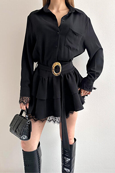 Noi Belis Lace Detailed Belted Mini Woven Dress Ss26El0003