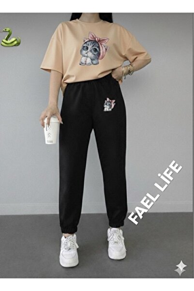 FAEL LİFE Girls'/Boys' Loose Fit T-Shirt and Sweatpants Cat Print Set