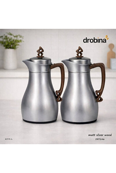 drobina Elegant tea and coffee thermos set from Droubina, matte silver, woode...