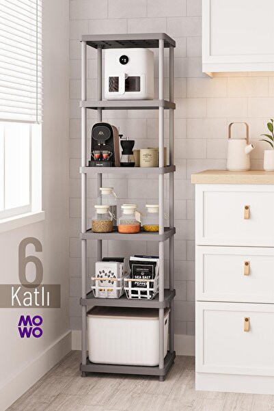 Mowo Home 6 Katlı Gri 40x33 Plastik Mutfak Raf Sistemi, Banyo Rafı, Kiler, Ki...