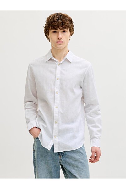 Jack & Jones JJESUMMER Cămașă din amestec de in cu mânecă lungă SN Alb