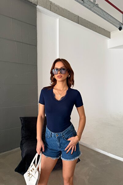 LE CARAMBOLE Women's Navy Blue Collar Lace Detailed Short Sleeve Blouse