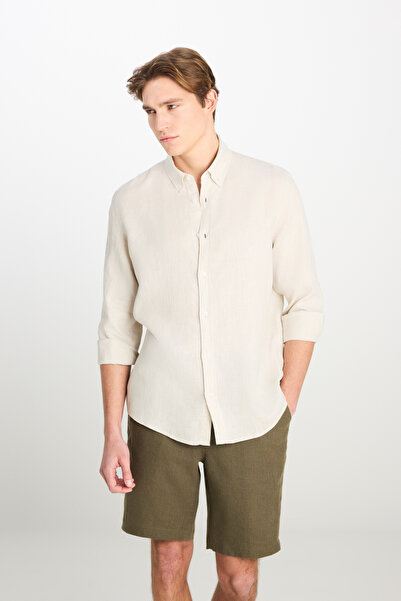 Lee L2510549614 Bej Erkek %100 Keten Regular Fit Normal Kesim Uzun Kol Gömlek