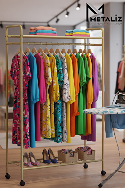 METALİZ YENİLİKÇİ TASARIMLAR Tekerli Modern Metal Elbise Askılığı - Katlı Raf...