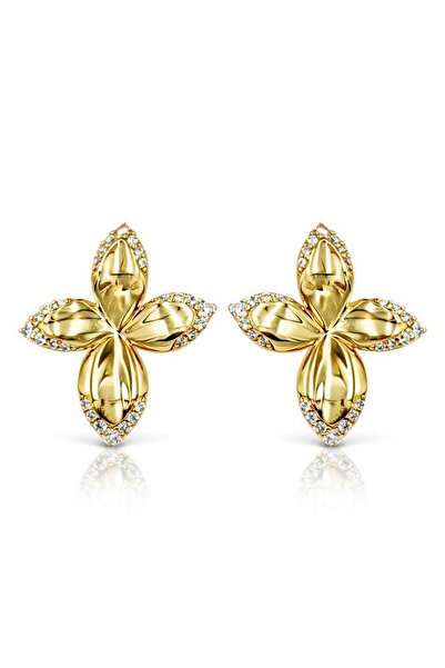 unbranded Flower Earrings 4 Petals Silver 925 Gold CZ White
