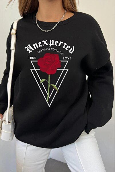 NO 601 Women's Black Unexpected Printed Hoodless Crew Neck Sweatshirt