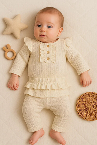 DMR Elegance Ruffled 100% Cotton 2-Piece Baby Girl Set with Gather Detail