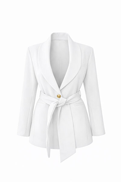 PozitifJeans Women's Belted Blazer Jacket – Shawl Collar, Gold Button Detail,...