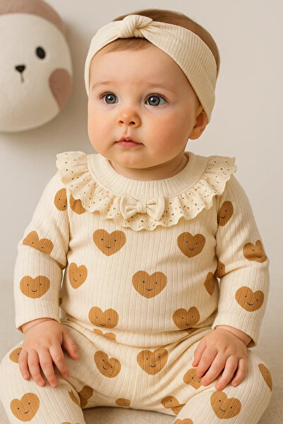 DMR Elegance Heart Printed Scallop Collar 3 Piece Baby Girl Set 100% Cotton