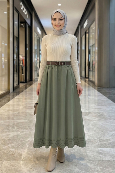 FERHEL Fusta de damă cu cusături decorative, talie elastică, căptușită, din ț...