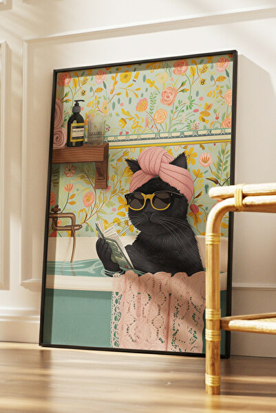 Yoko Home Ahşap Çerçeveli Tablo, Küvette Gazete Okuyan Kedi, Eğlenceli Modern...