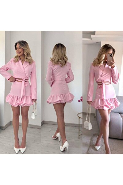 Aymood Women's Cuff Collar Detail, Belly Tie, Jacket and Flared Skirt Set