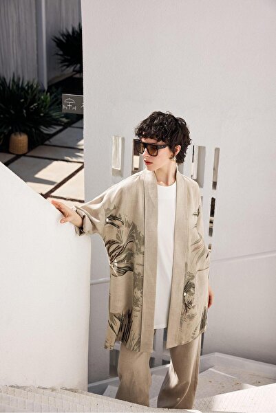 Tığ Triko Suzane Ve Dijital Baskılı Keten 3'Lü Takım BEJ