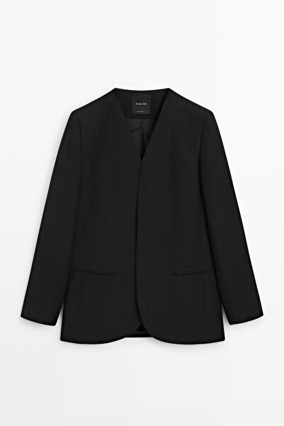 Massimo Dutti Yakası olmayan keten blazer