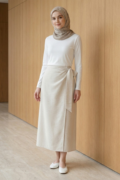 FERHEL Women's Double Layered Linen Skirt with Side Ties - Stone